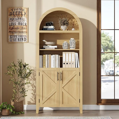 IDEALHOUSE Arched Kitchen Pantry Cabinet with Doors - 5-Tier Open Display Shelf with Nice Texture, Farmhouse Storage Cabinet for Kitchen, Dining Room, Living Room, Natural