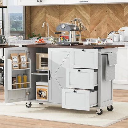 Farmhouse Kitchen Island with Power Outlet, Kitchen Storage Island with Internal Storage Rack, Drop Leaf, Spice Rack, Rolling Kitchen Cart on Wheels, for Home, Kitchen and Dining Room (White#049)