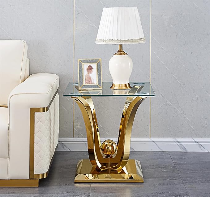 Henf Luxury Glass Coffee Table Set of 3 Piece Gold Living Room Table Set of 3 Including Coffee and End Tables Set,Gorgeous Stainless Steel Frame, Clear Glass Top for Living Room Home Office Apartment