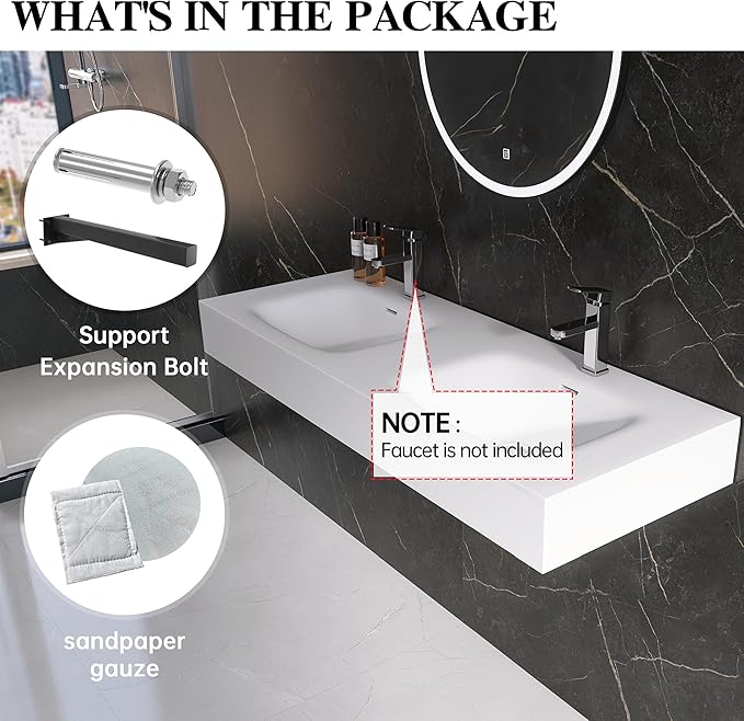 Wall Mount Double Bathroom Sink 47"L x 18"W x 5"H, Resin Stone Floating Sink with Facuet Holes, Rectangle Countertop Freestanding Vessel Sinks (Double Holes 47'')