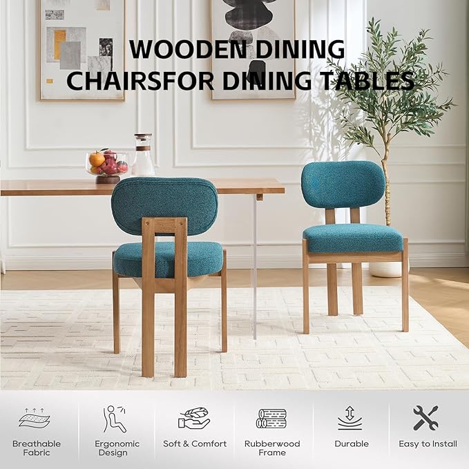 Chenille Dining Chairs Set of 6, Comfy Upholstered Dining Room Chairs Mid Century Modern Farmhouse Fabric Kitchen Chairs with Rubber Wood Legs for Dining Room Kitchen Island Home (Teal)