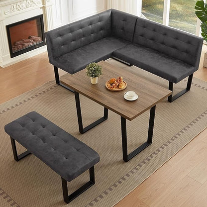 HIPIHOM 3-Piece Corner Dining Table Set with Bench, 70 Inch Space-Saving Breakfast Nook for Kitchen & Dining Room(Walnut Table & R-Seat Grey Bench)