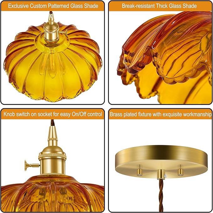 Pendant Light Fixture, Hanging Light Fixture, Glass Shade Pendant Light with Rotary Switch, Modern Lamp for Kitchen Island, Bedroom, Dining Room, Living Room (Orange Lotus, Hard-Wired)