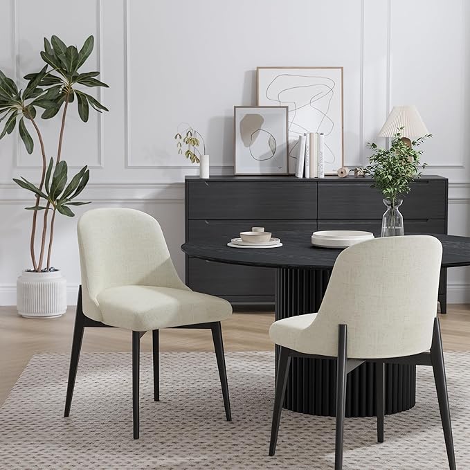 Wood Dining Chairs Set of 2, Modern Fabric Upholstered Kitchen Side Chairs with Black Wood Legs, Comfy Armless Side Chair for Living Room, Restaurant