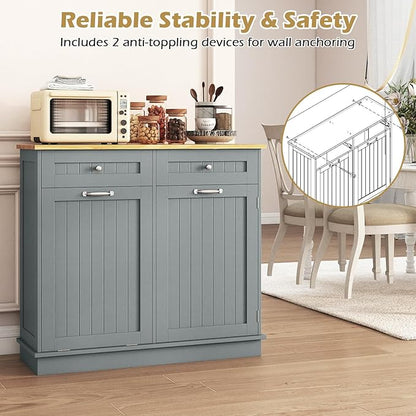 Giantex Tilt Out Trash Cabinet 15.5 Gallon, Wooden Laundry Room Cabinet, 2 Drawers, Storage Cabinet, Recycling Trash Cabinet, Kitchen Island with Garbage Can Holder, 39.5" x 14" x 35.5", Gray
