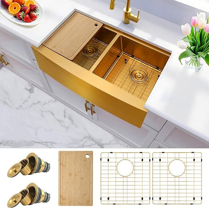 Gold Double Farmhouse kitchen Sink,16-Gauge SUS304 Stainless Steel Farm Sinks, 50/50 Apron Front Features Workstaion Sink With Accessories,33''×20''×10" Large and Deep Double Kitchen Sinks