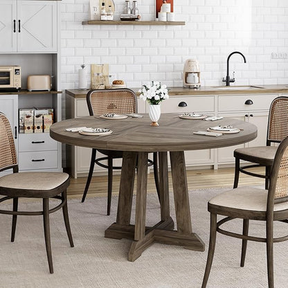 GarveeHome Round Dining Table for 4, 47 Inches Dining Room Table with Wooden Base, Kitchen Table with Circle Tabletop, Dinner Table for Dining Room, Kitchen, Living Room, Grey