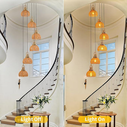 Modern Boho Gold Rattan Pendant Light 6-Lights Vintage Farmhouse Rattan Pendant Light Fixture Hand Woven Golden Bamboo Wicker Pendant Lights for Kitchen Stairwell, Entryway, Living Room