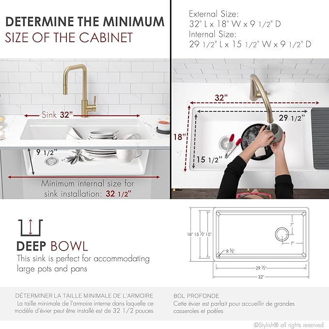 Stylish 32 x 18 Inch Composite Granite Workstation Kitchen Sink, Single Bowl Under Mount & Drop in, 9.5 in Deep, with Cutting Board, Roll-Up Drying Rack, Colander & Strainer, White, S-832WH