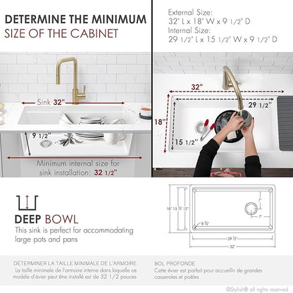 Stylish 32 x 18 Inch Composite Granite Workstation Kitchen Sink, Single Bowl Under Mount & Drop in, 9.5 in Deep, with Cutting Board, Roll-Up Drying Rack, Colander & Strainer, White, S-832WH