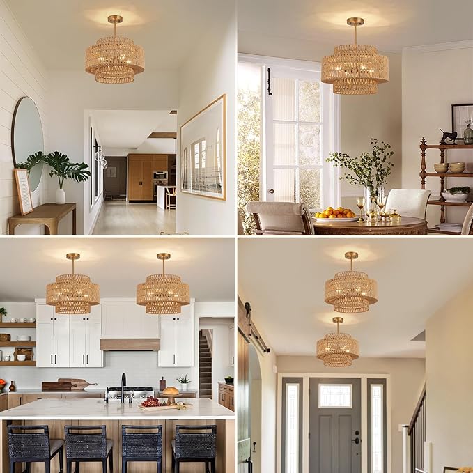 18 Inch Boho Chandeliers for Dining Room 4-Lights Black Farmhouse Light Fixtures Large Pendant Light Hand Woven Dining Table Light Fixture Rattan Hanging Lamp for Kitchen Island