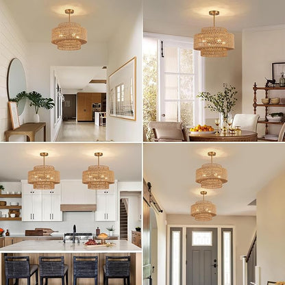 18 Inch Boho Chandeliers for Dining Room 4-Lights Black Farmhouse Light Fixtures Large Pendant Light Hand Woven Dining Table Light Fixture Rattan Hanging Lamp for Kitchen Island