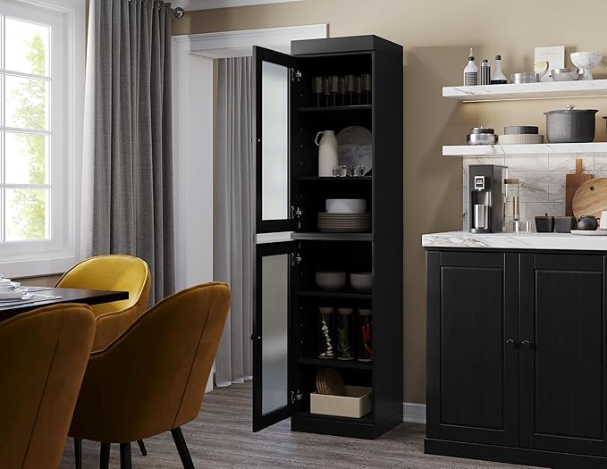 Palace Imports Solid Wood Kitchen Pantry Cabinet w/Frosted Glass Doors - Narrow Storage Cabinet - 16.5" Wide x 71.5" Tall - Black, Adjustable Shelves, 100% Eco-Friendly Wood, Modular Cabinets