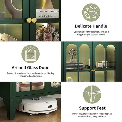 Foreate Green Sideboard Buffet Cabinet with Glass Door & LED Light, 53.2" Large Buffet Cabinet with Storage & Adjustable Shelf, Farmhouse Sideboard Credenzas Metal Kitchen Buffet