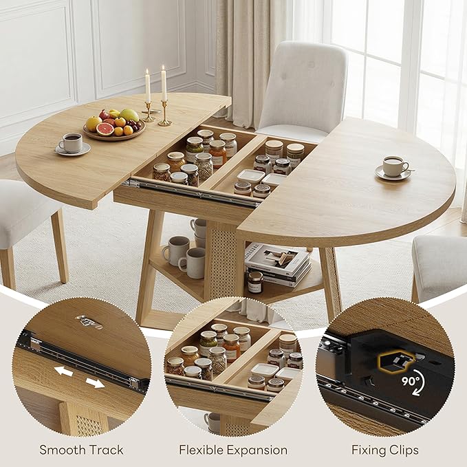 LIKIMIO 43"-59" Extendable Round Dining Table for 4-8, Transformer Oval Dining Room Table with Removable Leaves Space Saving, Wood Base Modern Kitchen Table with Storage Shelf for Living Room, Natural