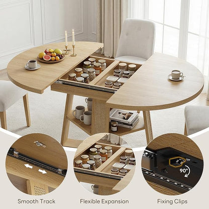 LIKIMIO 43"-59" Extendable Round Dining Table for 4-8, Transformer Oval Dining Room Table with Removable Leaves Space Saving, Wood Base Modern Kitchen Table with Storage Shelf for Living Room, Natural