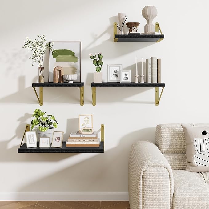 Deep Wall Shelves 24"W x 12"D Engineered Wood Floating Shelves for Wall, Sturdy Metal Bracket(Gold) Bookshelves Home Decor Storage for Living Room Bedroom Bathroom Kitchen, Set of 2, Black Finish