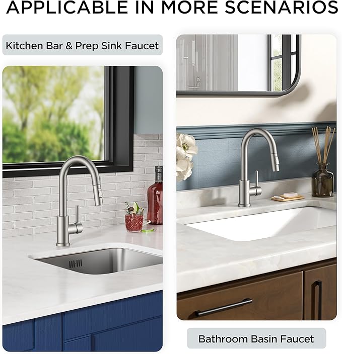 FORIOUS Bar Sink Faucet for Kitchen Sink, Modern Single Handle Kitchen Faucet with Pull Down Sprayer, Brushed Nickel Stainless Steel High Arc with Deck Plate for 1 or 3 Hole, Suitable for Bathroom RV