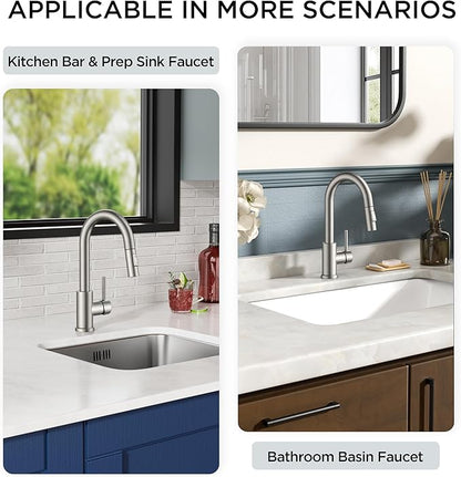 FORIOUS Bar Sink Faucet for Kitchen Sink, Modern Single Handle Kitchen Faucet with Pull Down Sprayer, Brushed Nickel Stainless Steel High Arc with Deck Plate for 1 or 3 Hole, Suitable for Bathroom RV