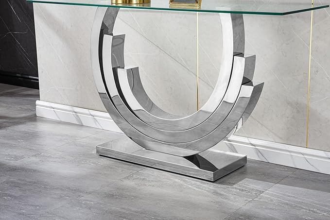 Modern Glass Console Table, 55" Entryway Sofa Table with Silver Stainless Steel Frame and Clear Tempered Glass Top, Rectangular Console Table Accent Entryway Table for Living Room