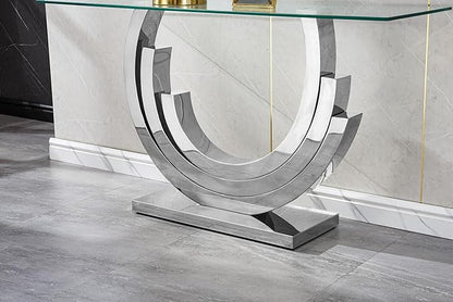 Modern Glass Console Table, 55" Entryway Sofa Table with Silver Stainless Steel Frame and Clear Tempered Glass Top, Rectangular Console Table Accent Entryway Table for Living Room
