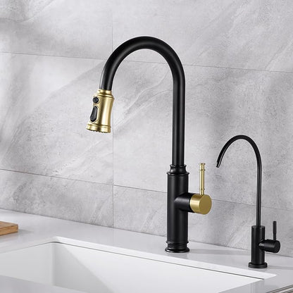 SUMERAIN Single Hole High Arc Kitchen Faucet with Pull Out Sprayer,Black and Gold Pull Down Kitchen Sink Faucet Stainless Steel