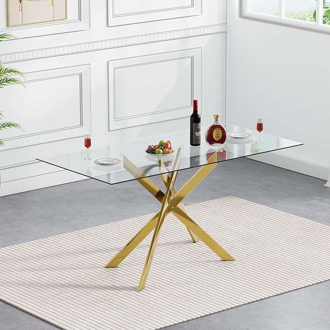 51.2'' Glass Dining Table for 4, Rectangular Dining Room Table for 4, X-Shape Gold Metal Legs, Kitchen Dining Room Living Room Glass Top Kitchen Table for 2