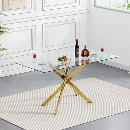51.2'' Glass Dining Table for 4, Rectangular Dining Room Table for 4, X-Shape Gold Metal Legs, Kitchen Dining Room Living Room Glass Top Kitchen Table for 2