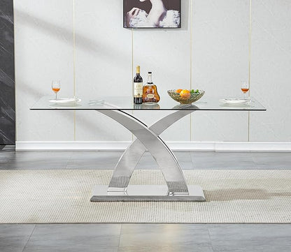 70" Glass Dining Table for 6-8, Modern Dining Room Table with 0.39" Tempered Glass Top and X-Shaped Silver Stainless Steel Base, Rectangle Kitchen Dinner Table for Dining Room