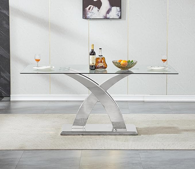 70" Glass Dining Table for 6-8, Modern Dining Room Table with 0.39" Tempered Glass Top and X-Shaped Silver Stainless Steel Base, Rectangle Kitchen Dinner Table