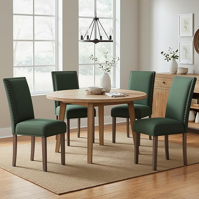COLAMY Green Velvet Dining Chairs Set of 6 – Upholstered Kitchen & Dining Room Chairs with Nailhead Trim, Soft High-Density Cushion and Solid Wood Legs for Dining Room, Kitchen, Living Room
