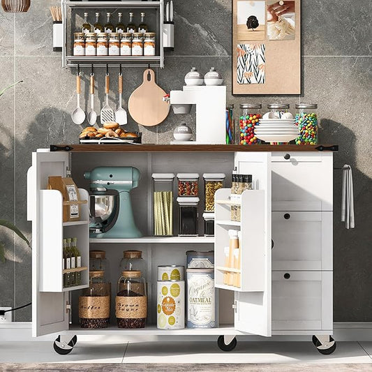 Farmhouse Kitchen Island with Power Outlet, Kitchen Storage Island with Internal Storage Rack, Drop Leaf, Spice Rack, Rolling Kitchen Cart on Wheels, for Home, Kitchen and Dining Room (White#049)