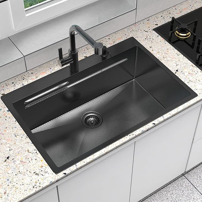33inch Drop In Kitchen Sink Metal Black - Feibus 33x22x10 Sink with Double Step Workstation 16 Gauge Honeycomb Embossment Stainless Steel Single Bowl