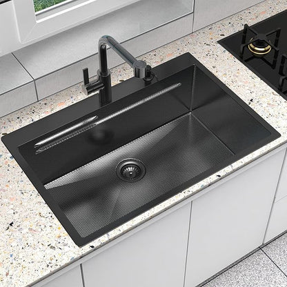 33inch Drop In Kitchen Sink Metal Black - Feibus 33x22x10 Sink with Double Step Workstation 16 Gauge Honeycomb Embossment Stainless Steel Single Bowl