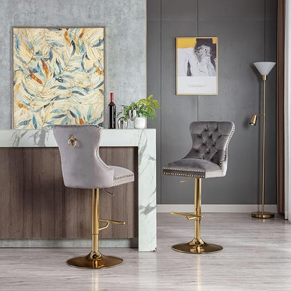 Rhomtree 27-36 Inch Swivel Bar Stools, Adjustable Counter Height Barstools with Tufted High Back & Ring Pull Golden Footrest, Upholstered Bar Chairs for Home Bar Kitchen Island(Grey Set of 2)