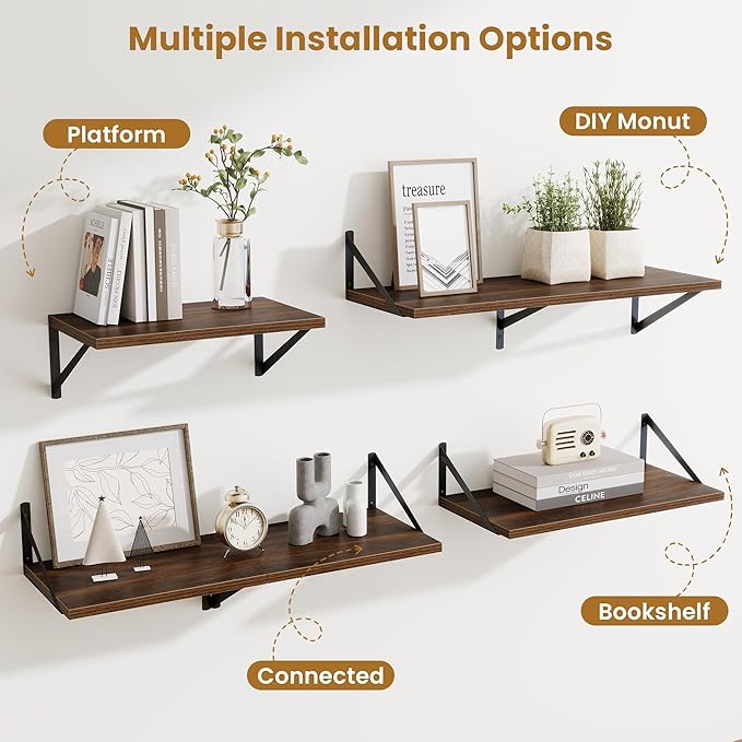 Acovy Walnut Deep Floating Shelves for Wall,36" Wx10 D Wood Wall Shelves with Metal Brackets,Hanging Storage Floating Shelf for Living Room,Bedroom,Bathroom,Office,Kitchen