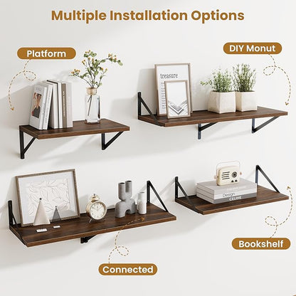 Acovy Walnut Deep Floating Shelves for Wall,36" Wx10 D Wood Wall Shelves with Metal Brackets,Hanging Storage Floating Shelf for Living Room,Bedroom,Bathroom,Office,Kitchen