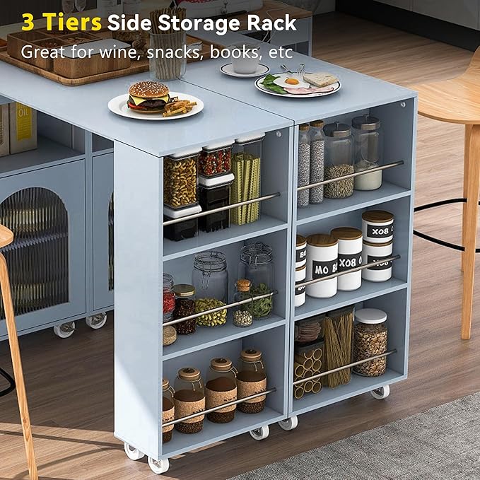 Kitchen Island Cart with Extended Table, Rolling Kitchen Island on Wheels with LED Lights&Power Outlets&Storage Compartment, Side Table with 2 Fluted Glass Doors and 3 Open Shelves,Grey Blue