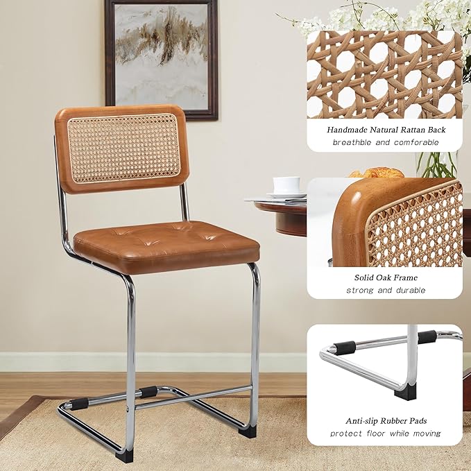 Alunaune 24inch Mid Century Brown Bar Stools Set of 2, Natural Rattan Counter Height Bar Stools Kitchen Chairs Modern Side Dining Chairs-PU Seat