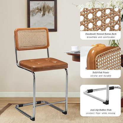 Alunaune 24inch Mid Century Brown Bar Stools Set of 2, Natural Rattan Counter Height Bar Stools Kitchen Chairs Modern Side Dining Chairs-PU Seat
