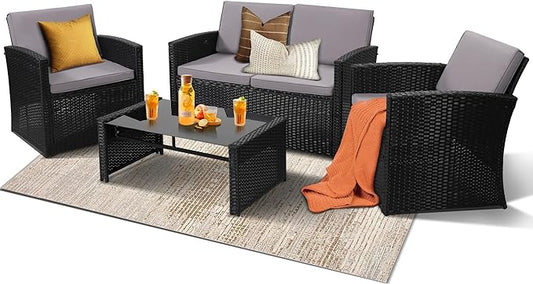 KROFEM 4-Piece Patio Furniture Set, Wicker Outdoor Rattan Sectional Sofa with Cushions and Glass Table, All-Weather Outdoor Conversation Set, Ideal for Garden, Porch, Backyard, Grey