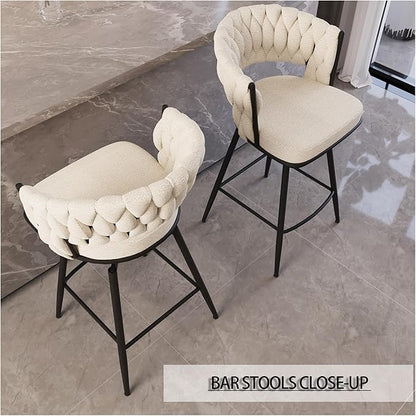 26" Linen Woven Bar Stool Set of 2,Black Legs Barstools No Adjustable Kitchen Island Chairs,360 Swivel and Counter Stool Arm Chairs with Back Footrest (White)