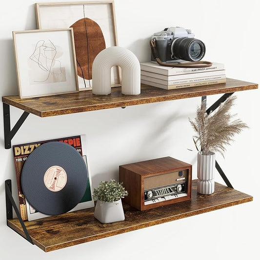 Acovy Floating Shelves with Black Metal Brackets Set of 2,30" Wx8 D Wall Mounted Shelves Floating Bookshelf,Hanging Storage Shelf for Living Room,Bedroom,Bathroom,Office,Rustic Brown