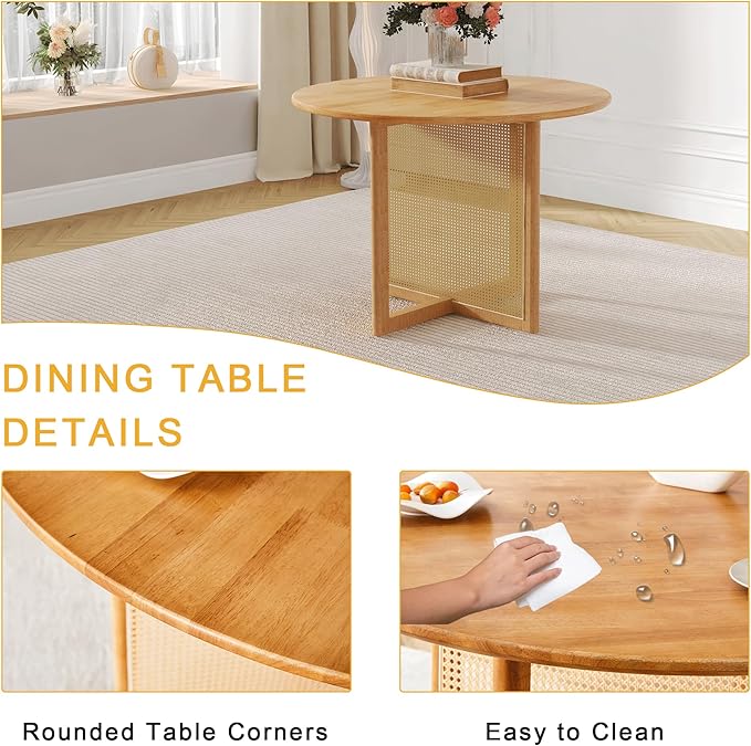 Rubber Wood Round Dining Table Set with 4 Chairs, 42 Inch Diameter Natural Wood Table with Imitation Vine Texture Legs, Perfect for Dinner, Meetings, Home and Office