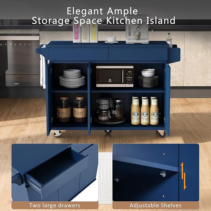 53.2'' Rolling Kitchen Island Cart with Drop Leaf and Adjustable Shelves,Spice Rack, Towel Rack and 2 Drawers,for Kitchen Living Room Dining Room (Navy Blue@u)