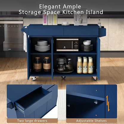 53.2'' Rolling Kitchen Island Cart with Drop Leaf and Adjustable Shelves,Spice Rack, Towel Rack and 2 Drawers,for Kitchen Living Room Dining Room (Navy Blue@u)