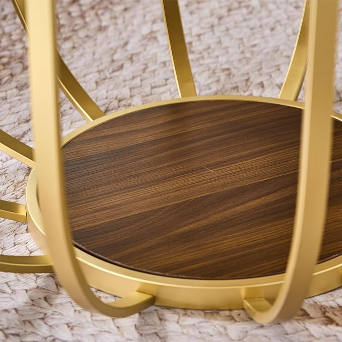 Saint Mossi 30" Glass Round Coffee Table for Living Room, Mid Century Modern 2-Tier Gold Drum Center Table, Brown Glass Top, Walnut Shelf with Gold Finish Legs & Frame, W30xH16.5