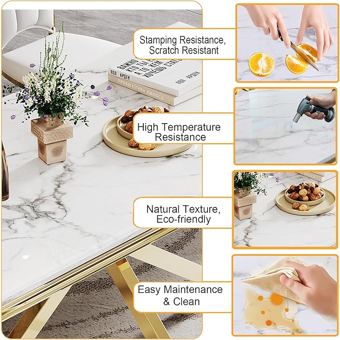 Modern Dining Table for 6-8, 68 Inch White Marble Kitchen Table with Gold Mirrored Stainless Steel X-Base, Luxurious Rectangular Faux Marble Dining Room Table for Dining Room,Living Room(No Chairs)