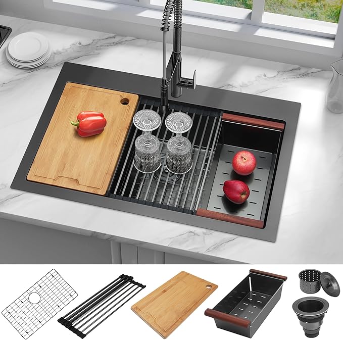 LQS Black Drop In Kitchen Sink, 33x22 Drop In Kitchen Sink, 16 Gauge Stainless Steel Sink Top Mount Deep & Large Sink with Multifunctional Workstation Kitchen Sinks and Practical Accessories
