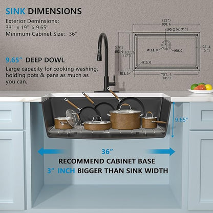 33"x19" Granite Composite Kitchen Sink – Undermount Ledge Workstation Matte Black Granite Quartz Classic Under Counter Single Bowl Sink Basin